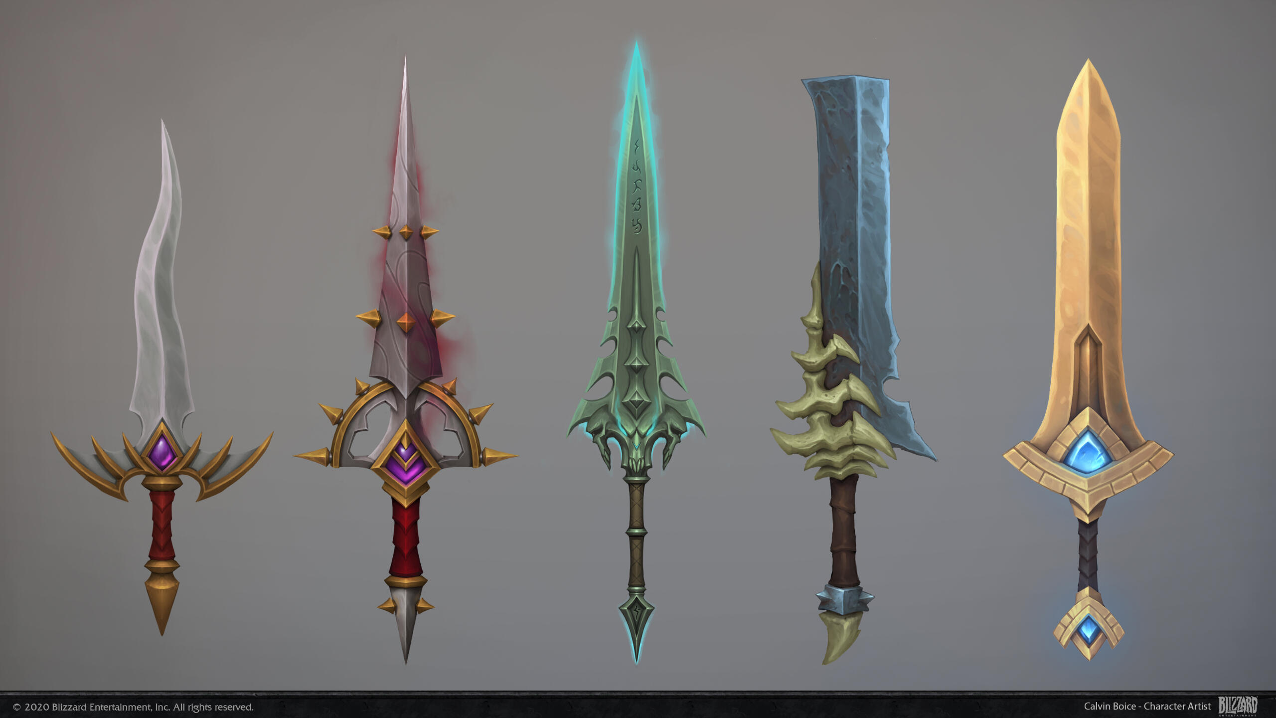 Concept art for various Shadowlands weapons.