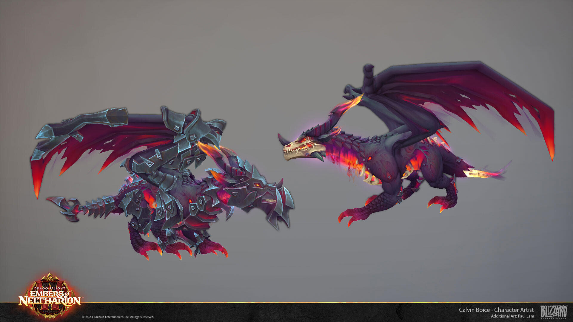 Elementium-themed dragon for the 10.1 Embers of Neltharion raid. The concept was done by Paul Lam.