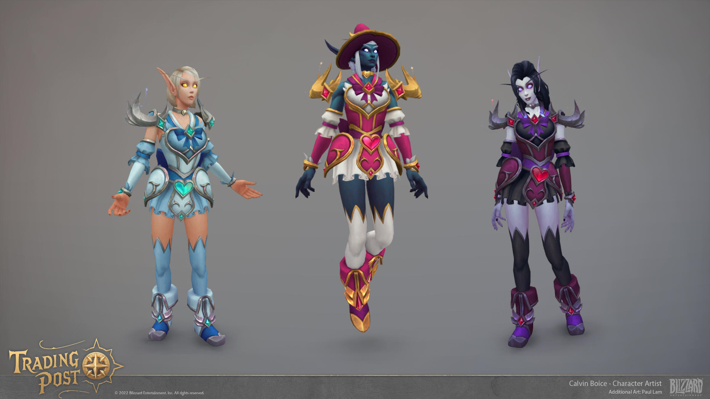 Color variants for the armor set shown on a blood elf, nightborne elf, and void elf.